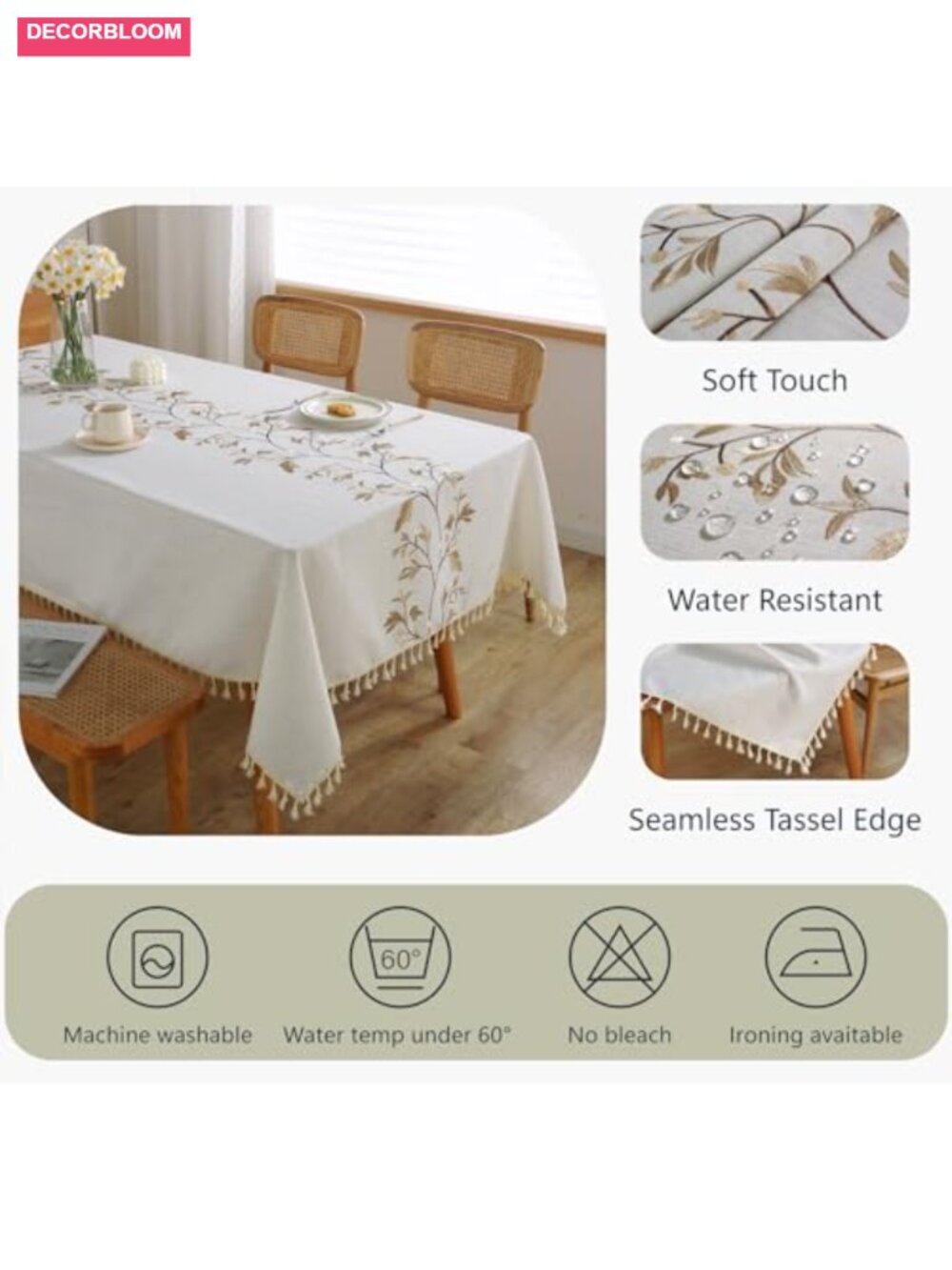 Embroidered Tablecloth 55x75 Cotton Linen Waterproof Washable Farmhouse - Picture 2 of 6